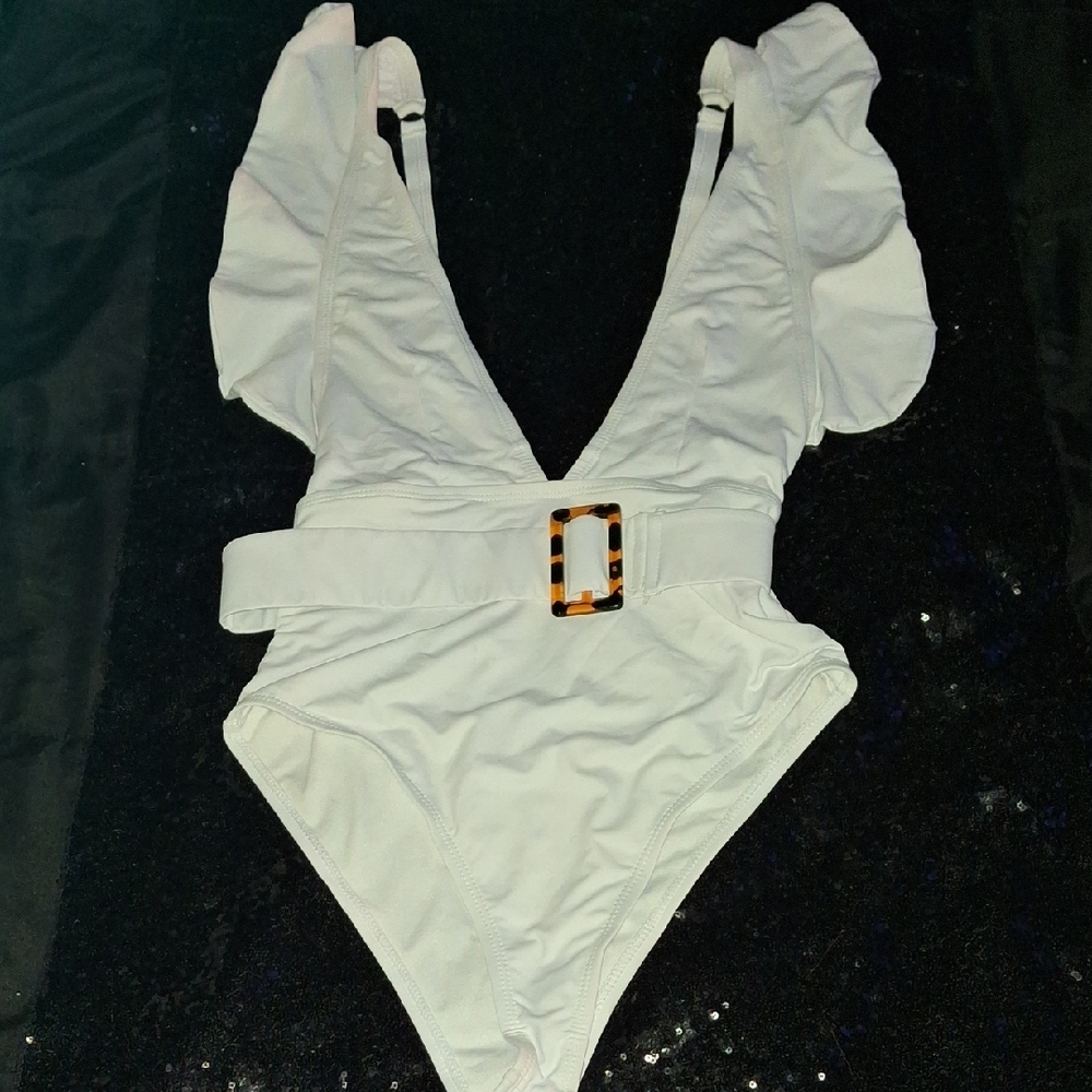 Unk White Ruffled Kids One Piece with Belt